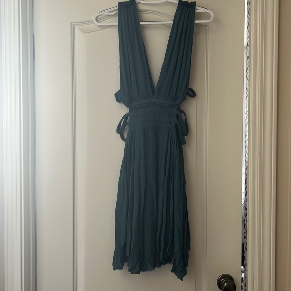 Free People Teal Deep V-neck Cut Out Sundress